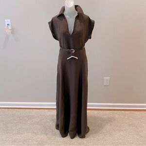 Zara NWT brown cotton blend Vneck midi dress belted cap sleeve pockets Large